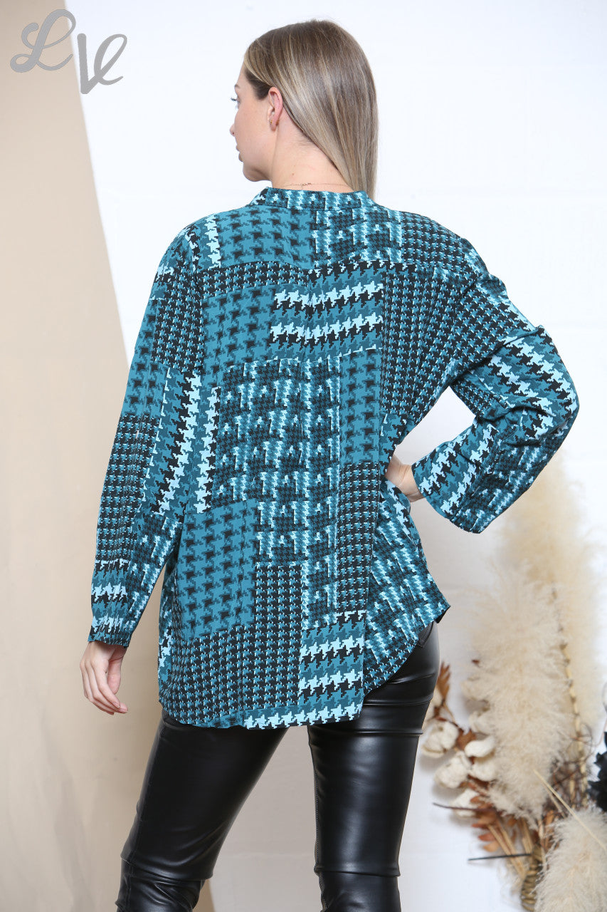 Ladies Patchwork Dogtooth Print Grandad Blouse Teal