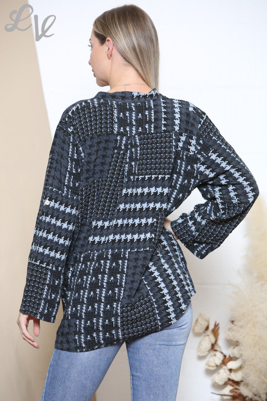 Ladies Patchwork Dogtooth Print Grandad Blouse Charcoal