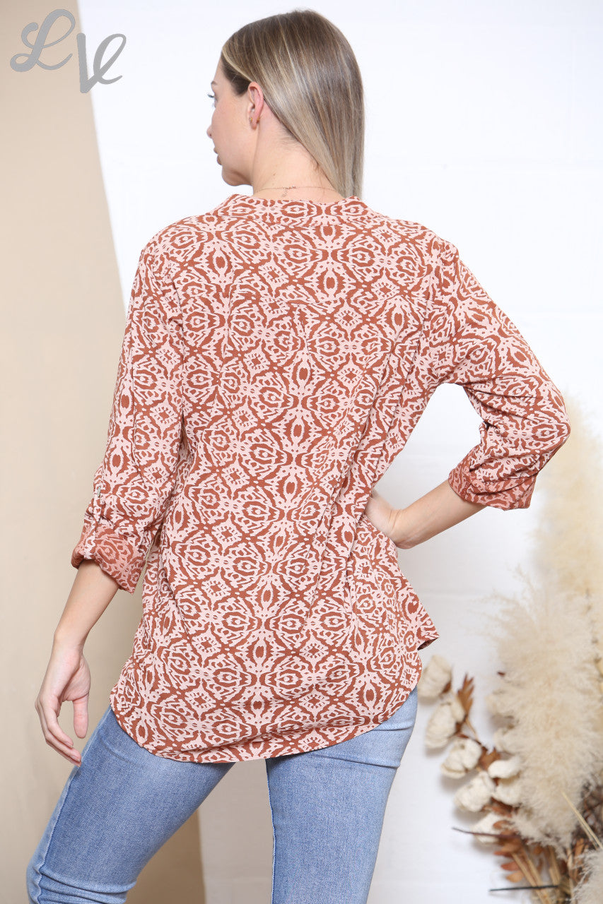 Dames Azteken Geometrische Print Shirt Blouse Top Roest