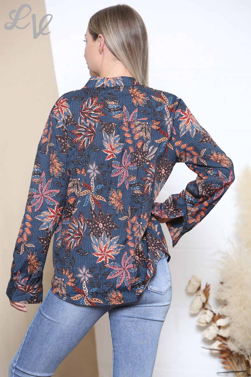Ladies Leaf Print Long Sleeve Shirt Top Navy