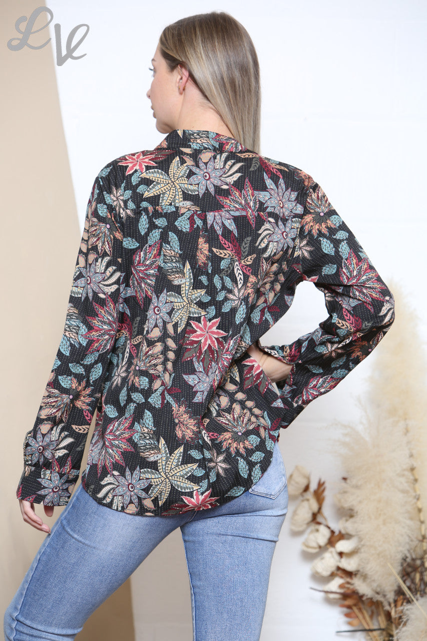 Ladies Leaf Print Long Sleeve Shirt Top Black
