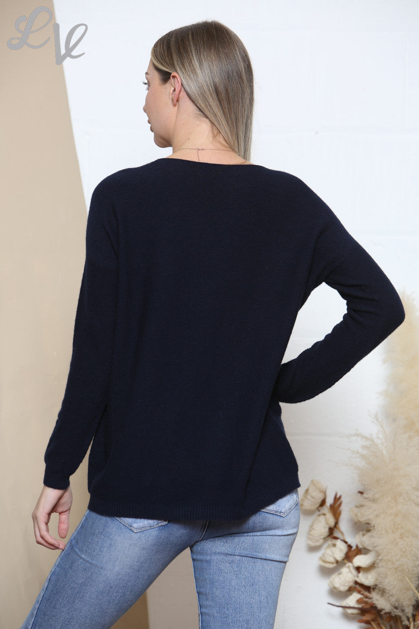Dames Geribbelde Gebreide Trui Navy