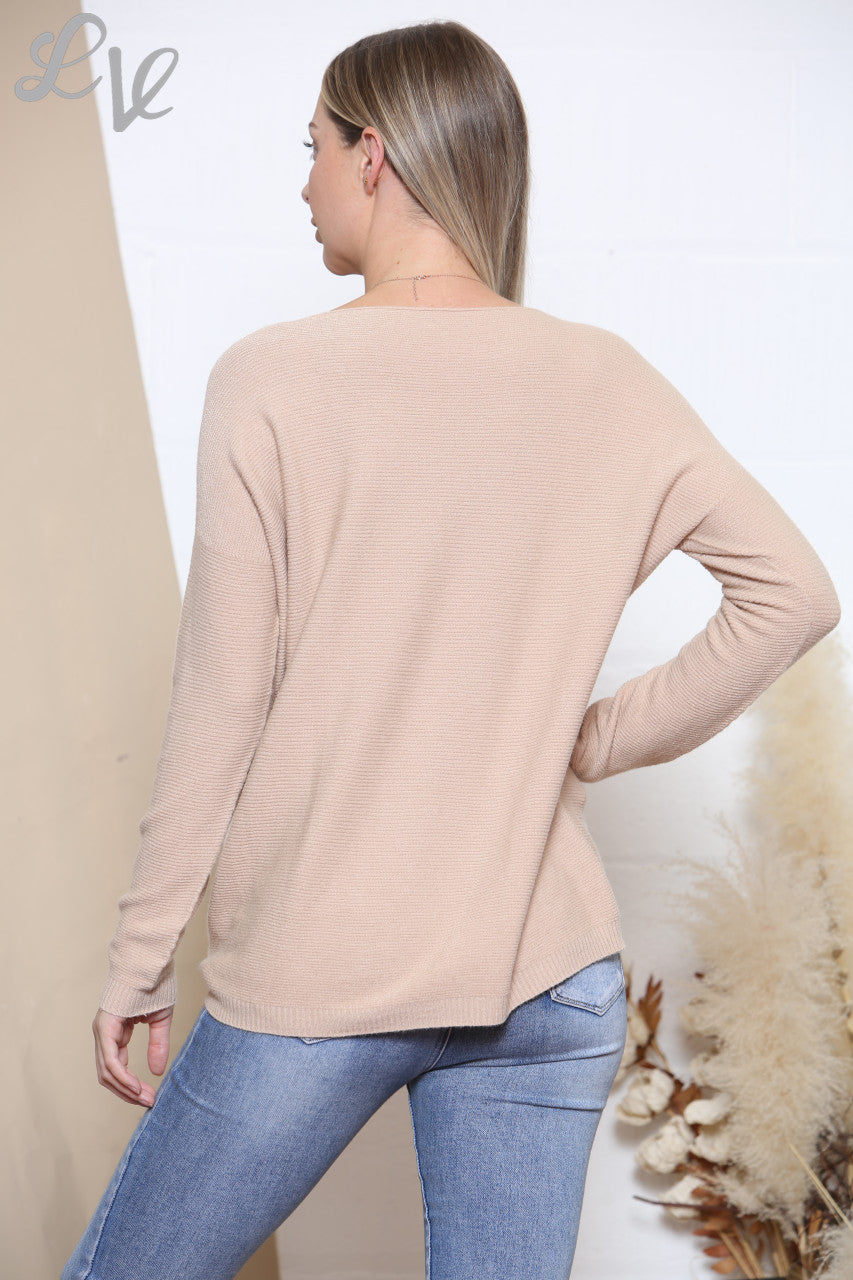 Ladies Ribbed Knitted Jumper Top Stone