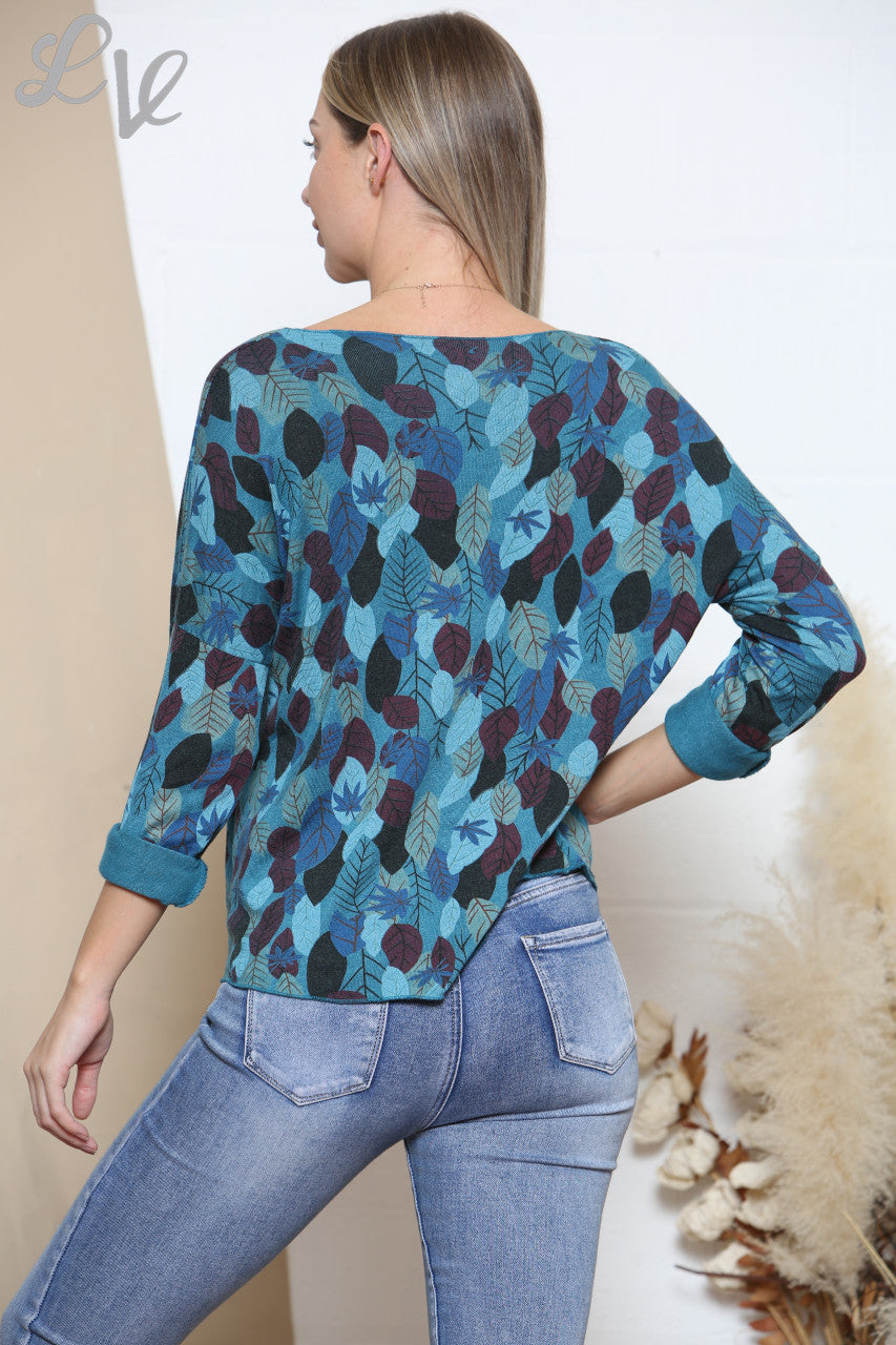 Ladies Leaves Print Top Teal