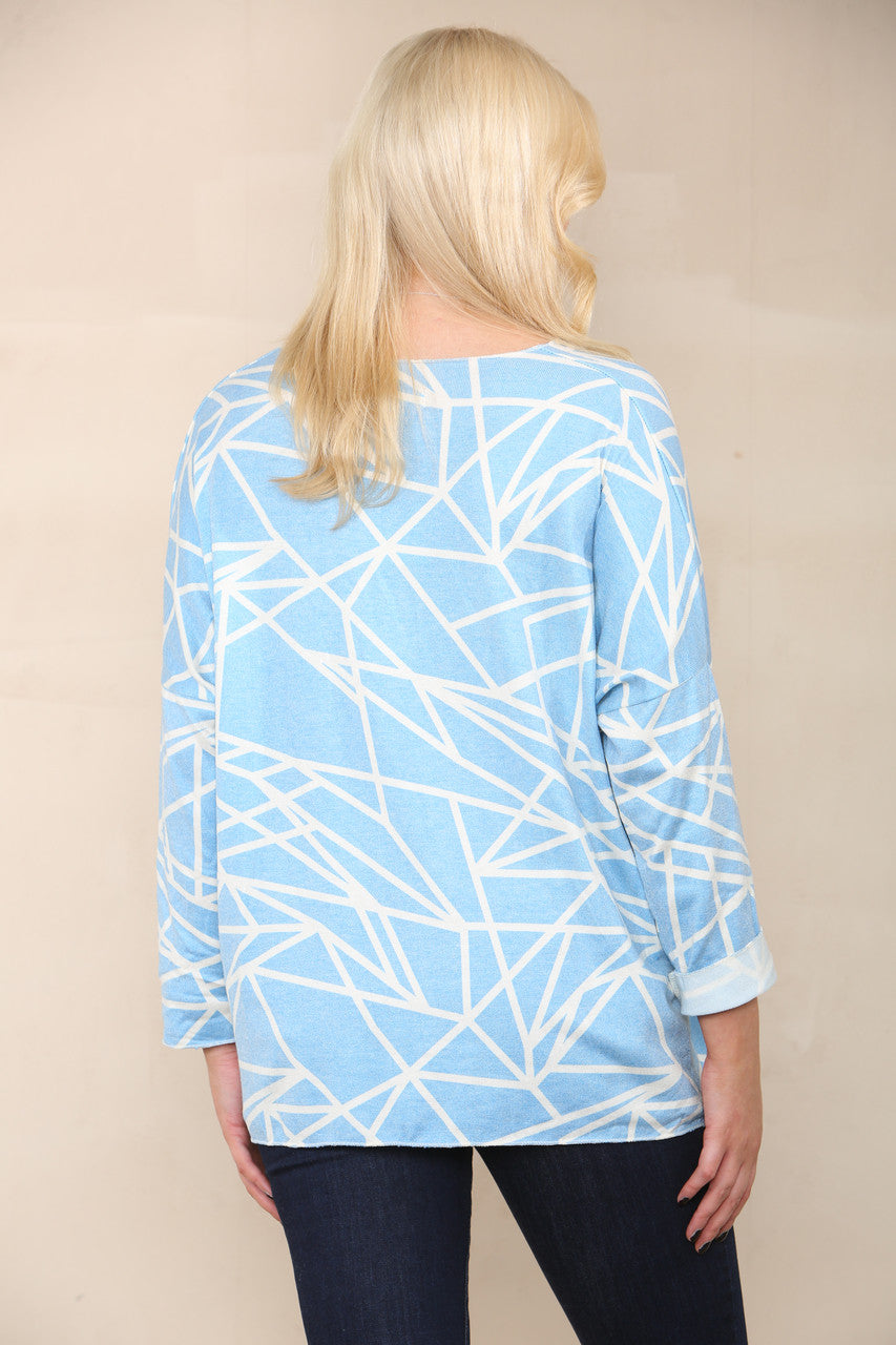 GEOMETRIC LINES FINE KNIT TOP DENIM