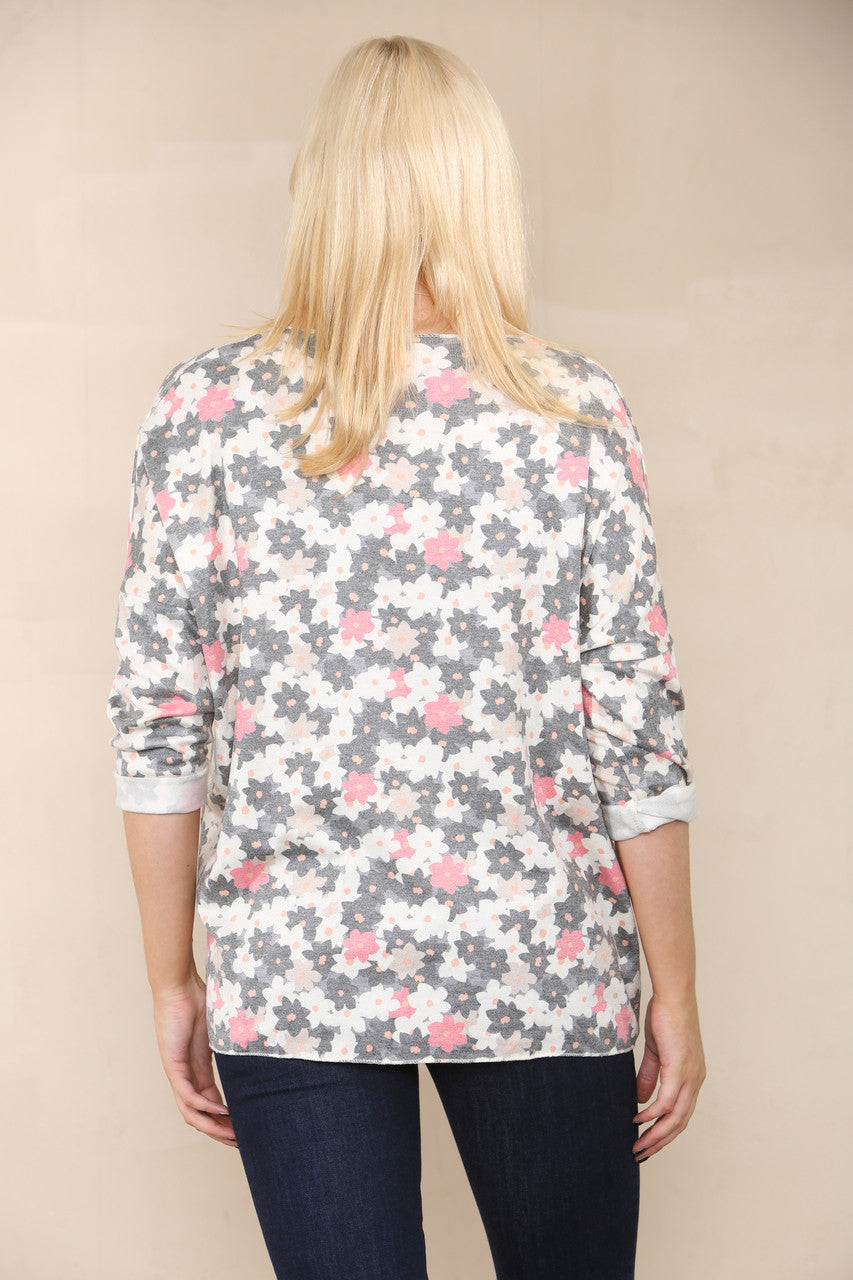 DITSY FLOWERS FINE KNIT TOP GREY