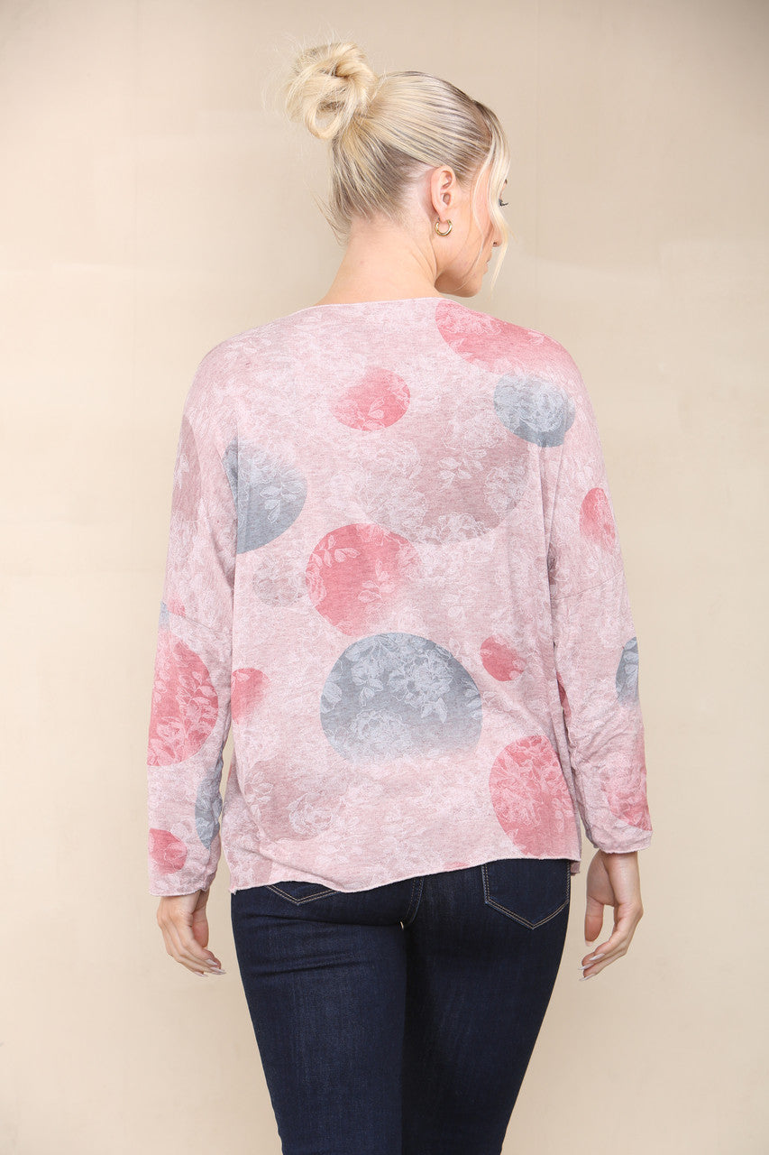 FLORAL CICLE SHADOW PRINT FINE KNIT TOP DUSTY PINK