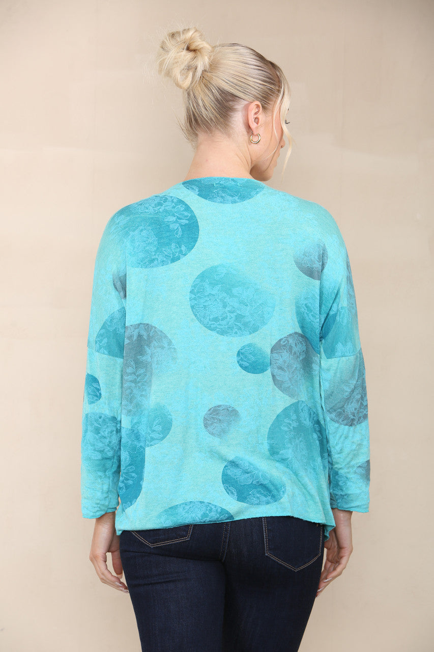 FLORAL CICLE SHADOW PRINT FINE KNIT TOP TURQUOISE