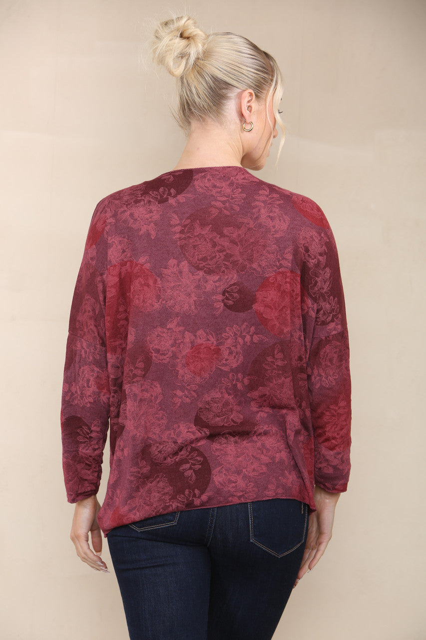 FLORAL CICLE SHADOW PRINT FINE KNIT TOP BURGUNDY