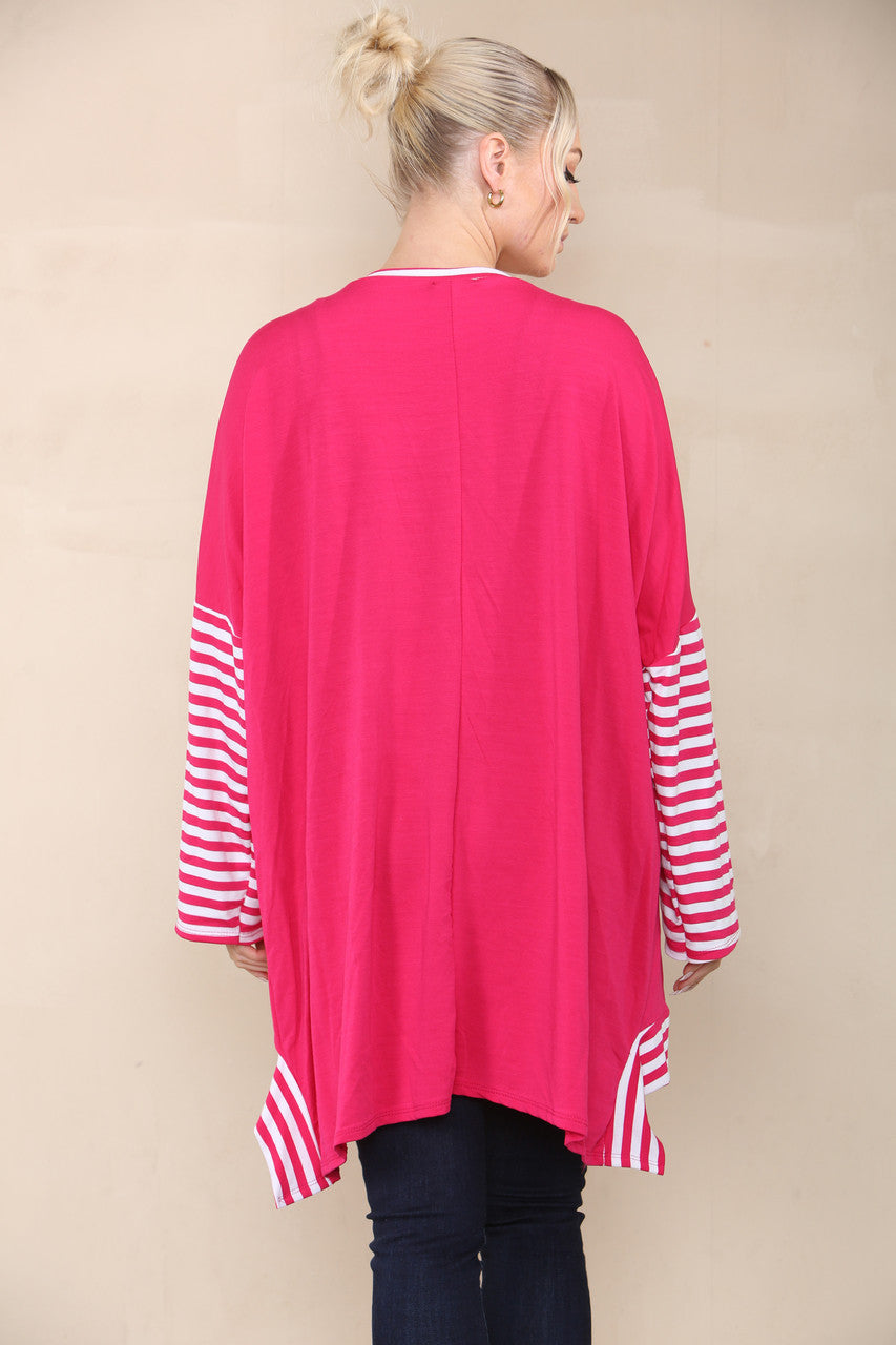 STRIPE SLEEVE & POCKET TOP CERISE