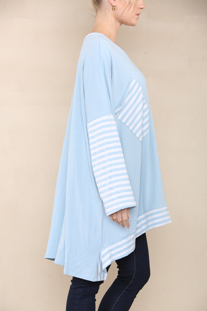 STRIPE SLEEVE & POCKET TOP LIGHT BLUE