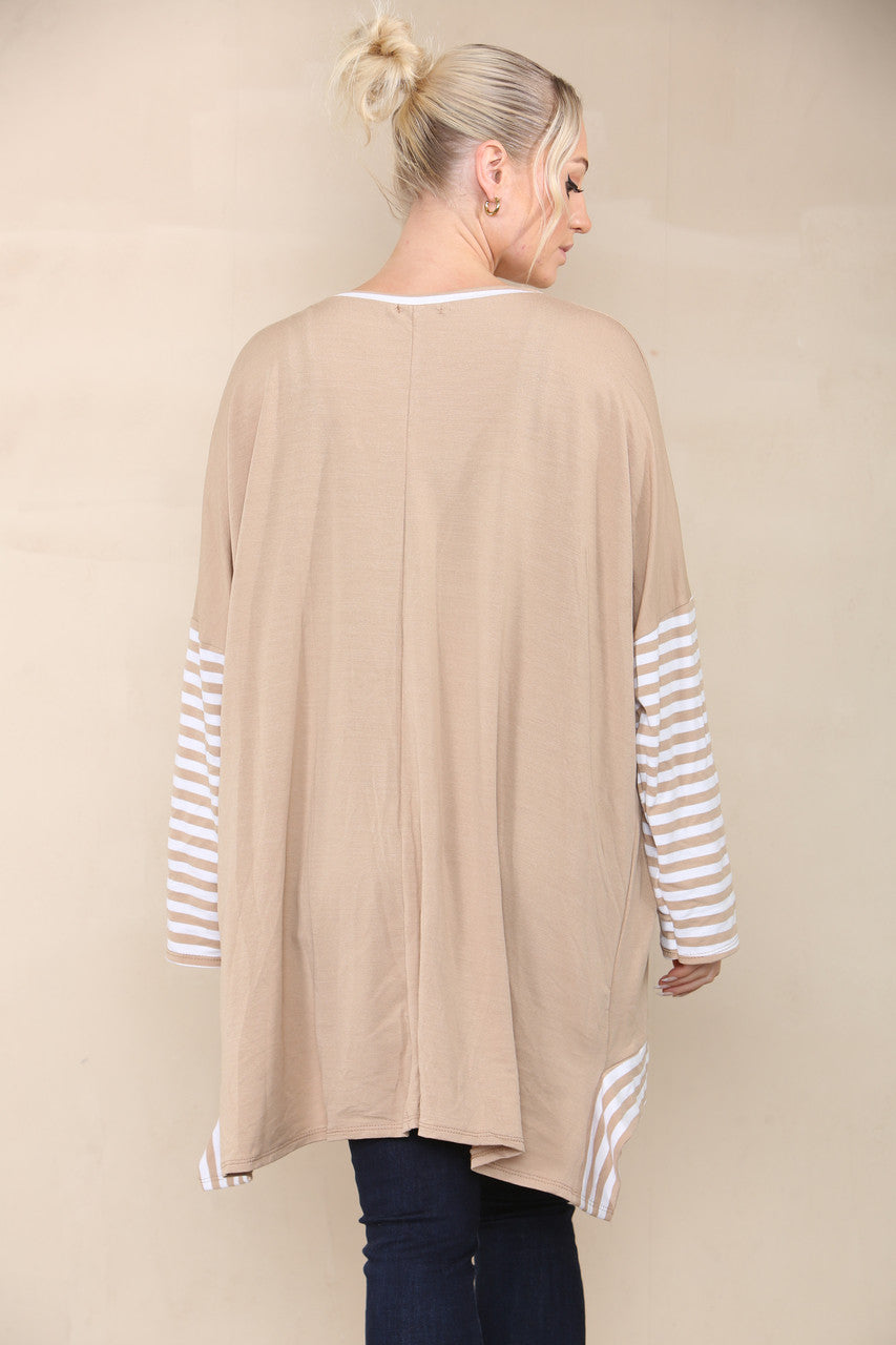 STRIPE SLEEVE & POCKET TOP CAMEL
