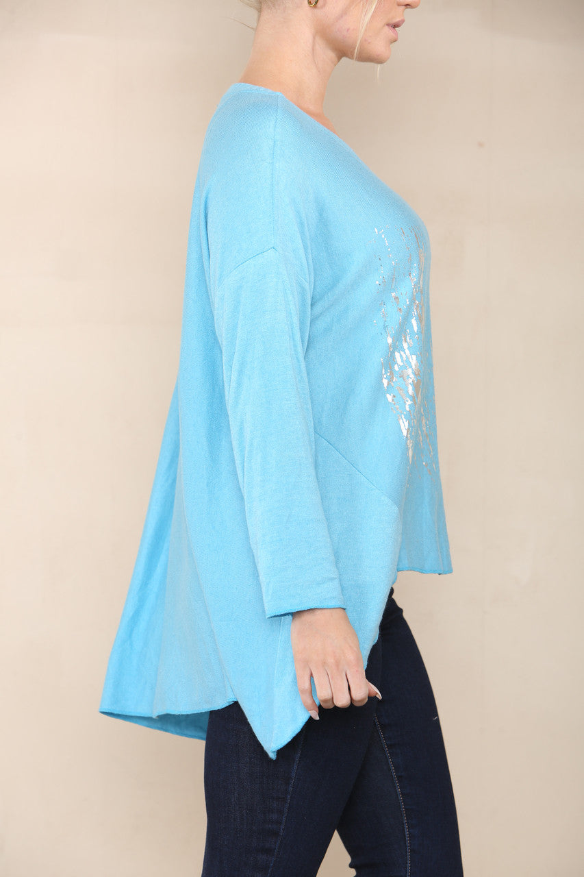 STAR SEQUIN FOIL FINE KNIT TOP TURQUOISE