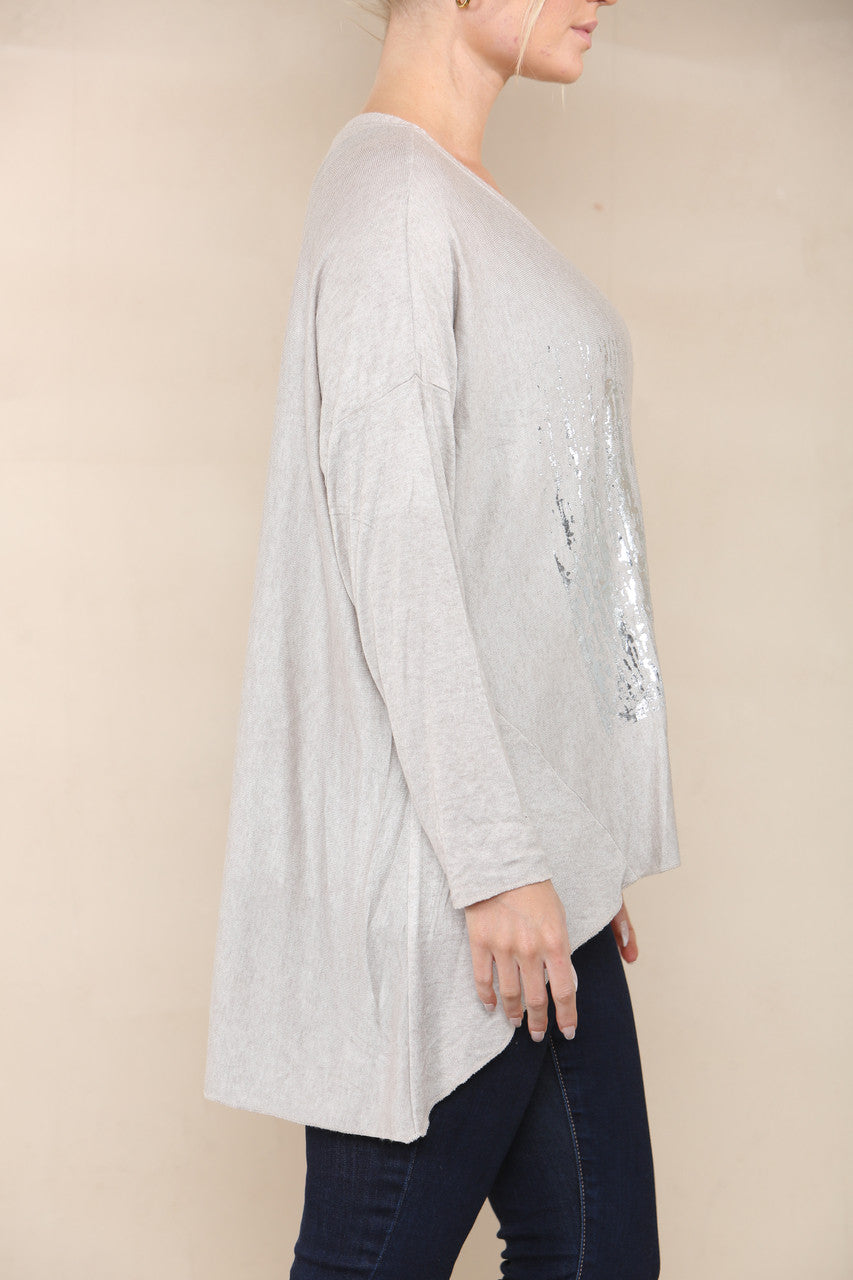 STAR SEQUIN FOIL FINE KNIT TOP STONE