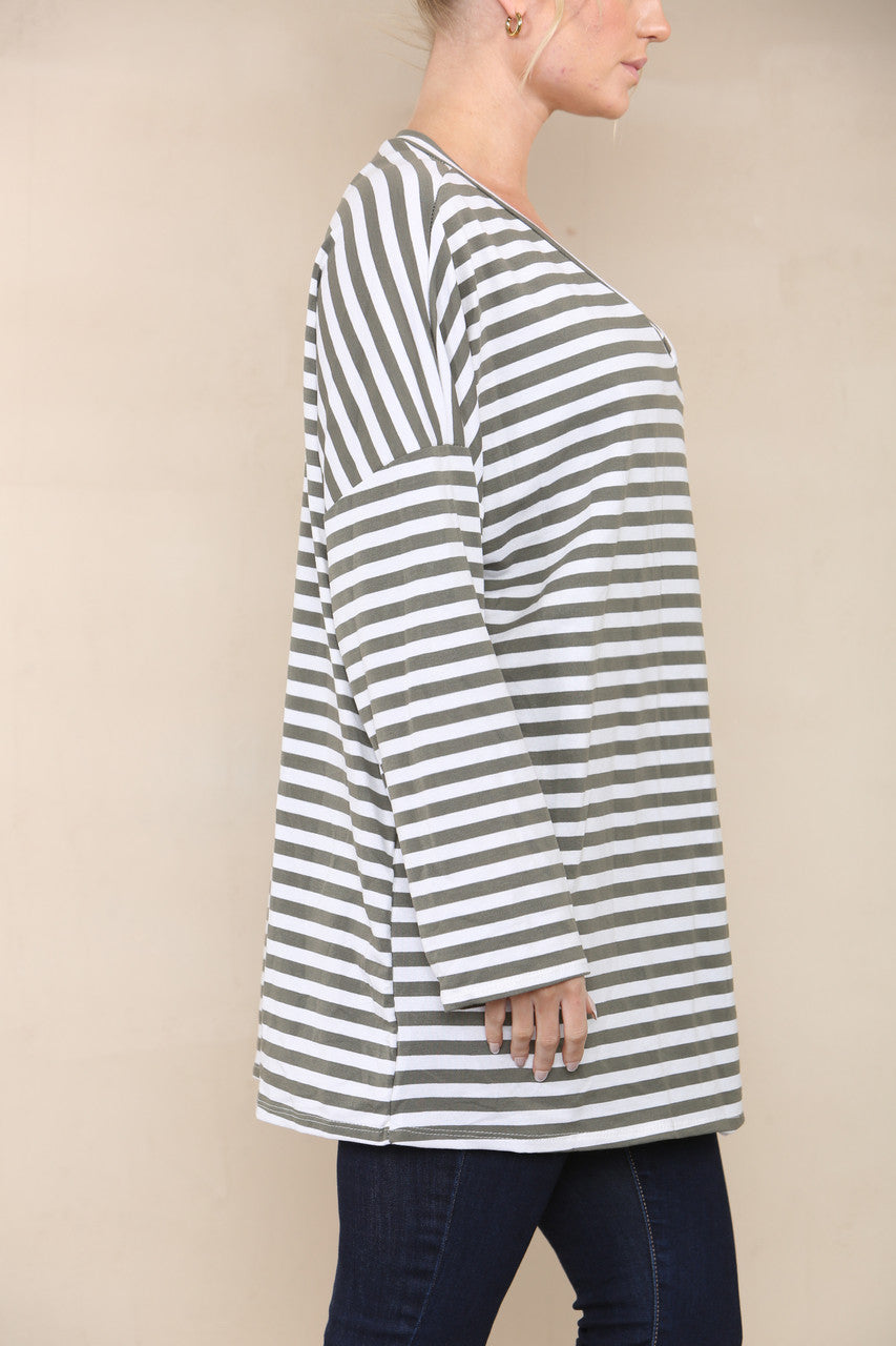V-NECK STRIPED LONG SLEEVE TOP KHAKI