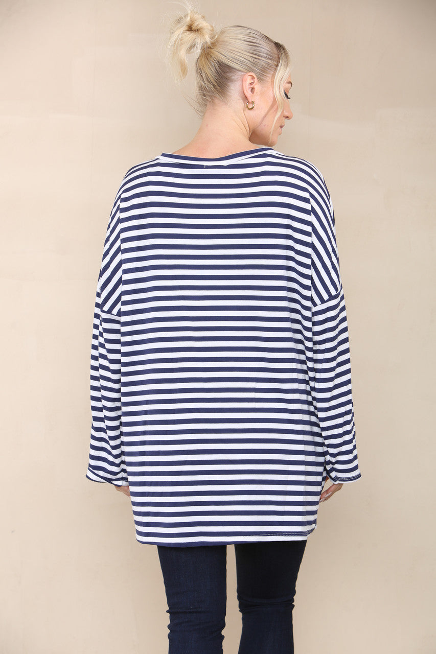 V-NECK STRIPED LONG SLEEVE TOP NAVY