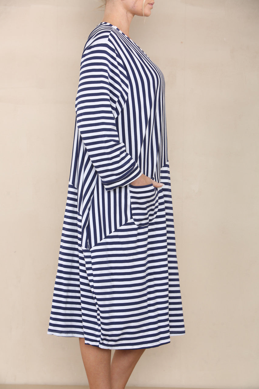 CONTRAST STRIPED DRESS NAVY