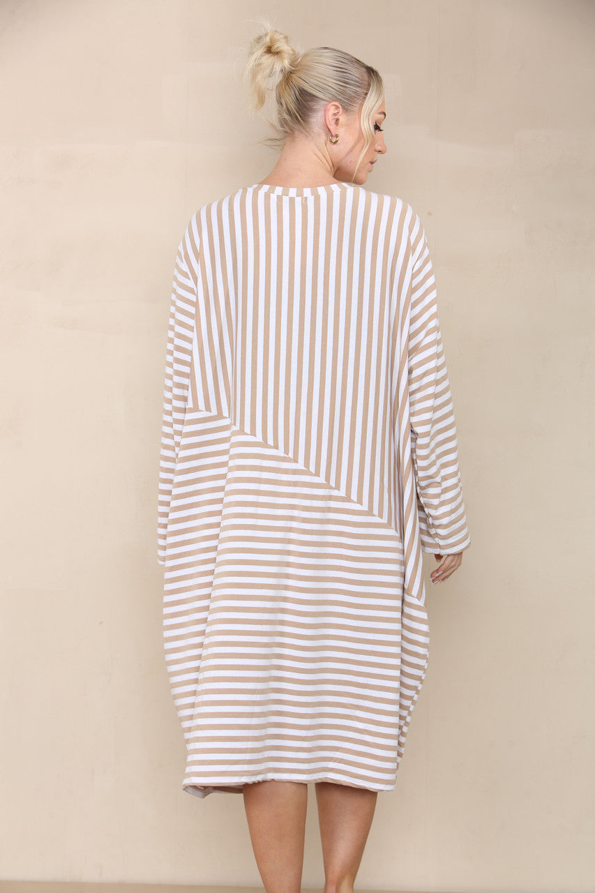 CONTRAST STRIPED DRESS CAMEL