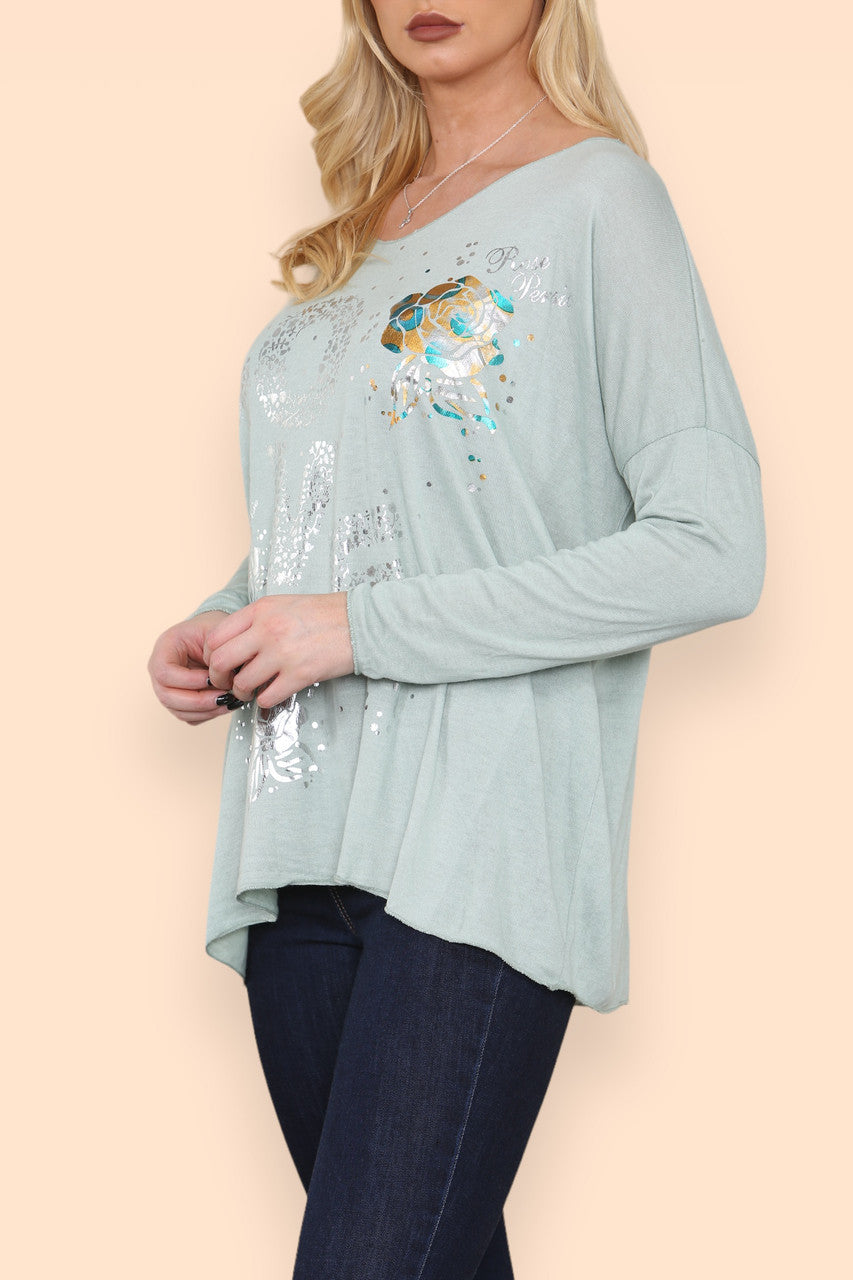 FOIL LOVE ROSE GRAPHIC FINE KNIT TOP SAGE GREEN