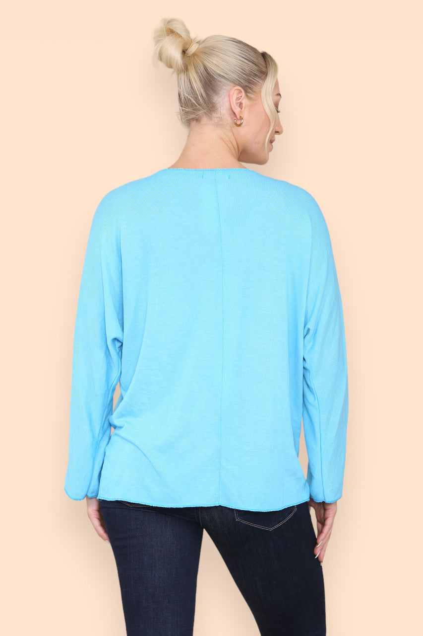 SQUIGGLE EMBROIDERY FINE KNIT TOP TURQUOISE