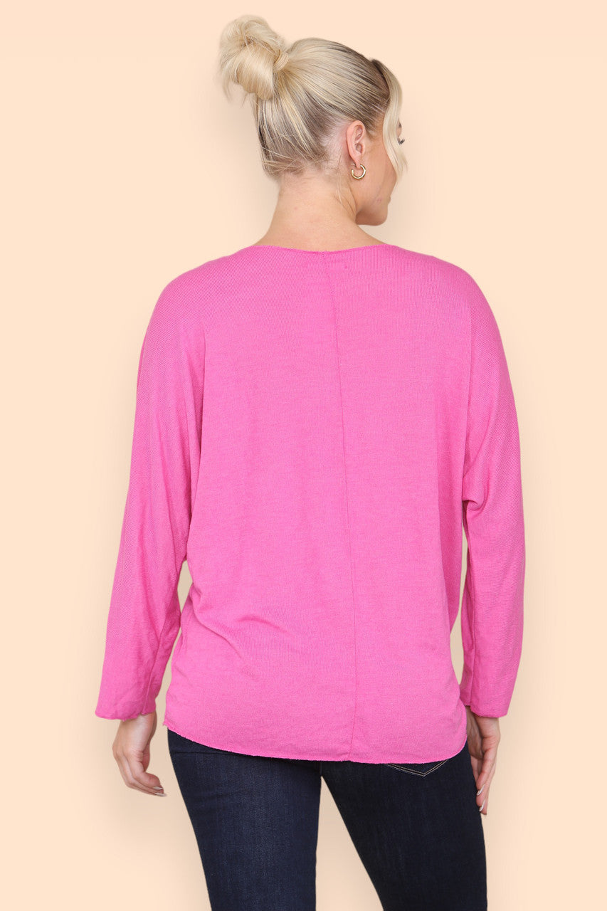 SQUIGGLE EMBROIDERY FINE KNIT TOP CERISE