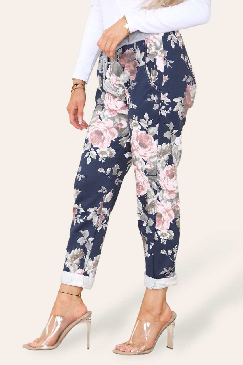 BROEK MET BLOEMENPAARDENBLOEMPRINT - NAVY