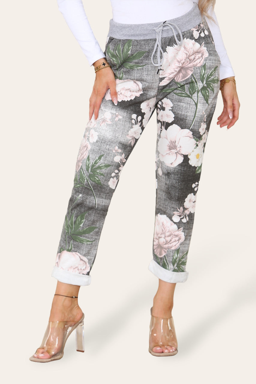 FLORAL STEM MIX PRINT JOGGING PANT TROUSERS GREY