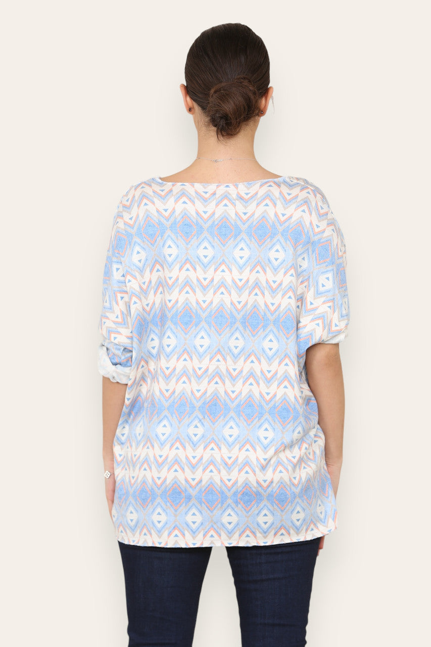 GEOMETRIC AZTEC PRINT FINE KNIT TOP LIGHT BLUE