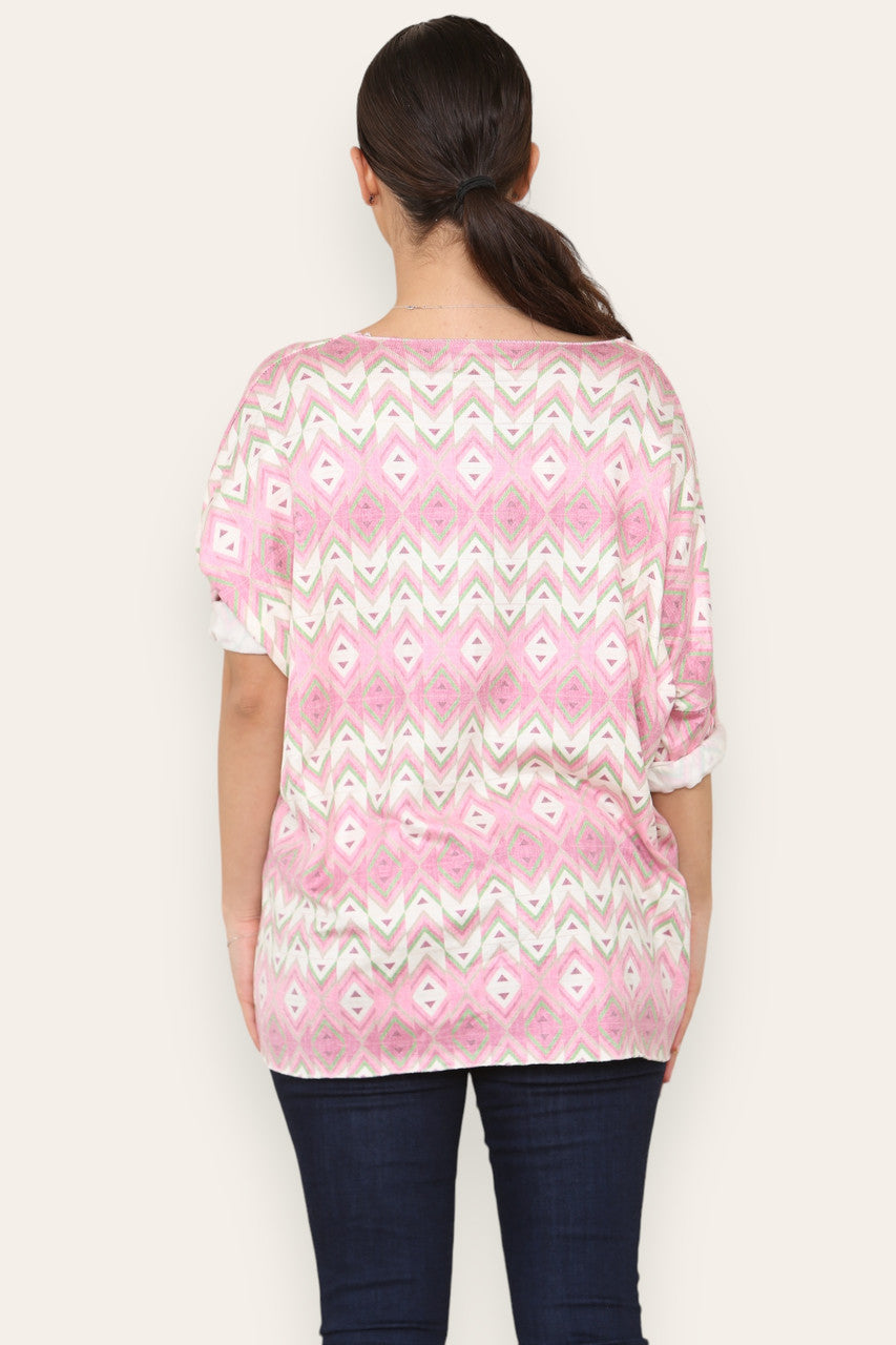 GEOMETRIC AZTEC PRINT FINE KNIT TOP CERISE