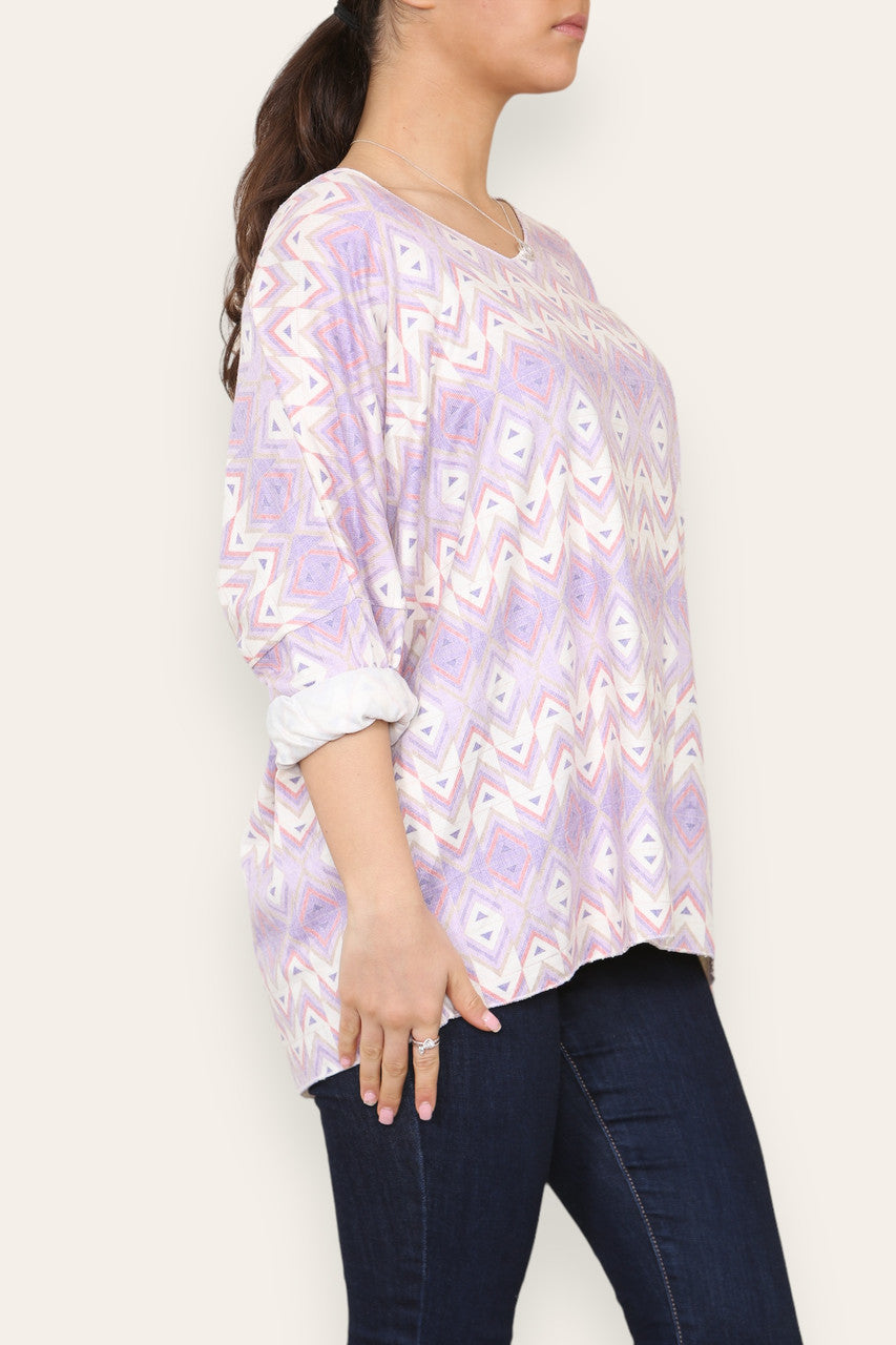 GEOMETRIC AZTEC PRINT FINE KNIT TOP LILAC