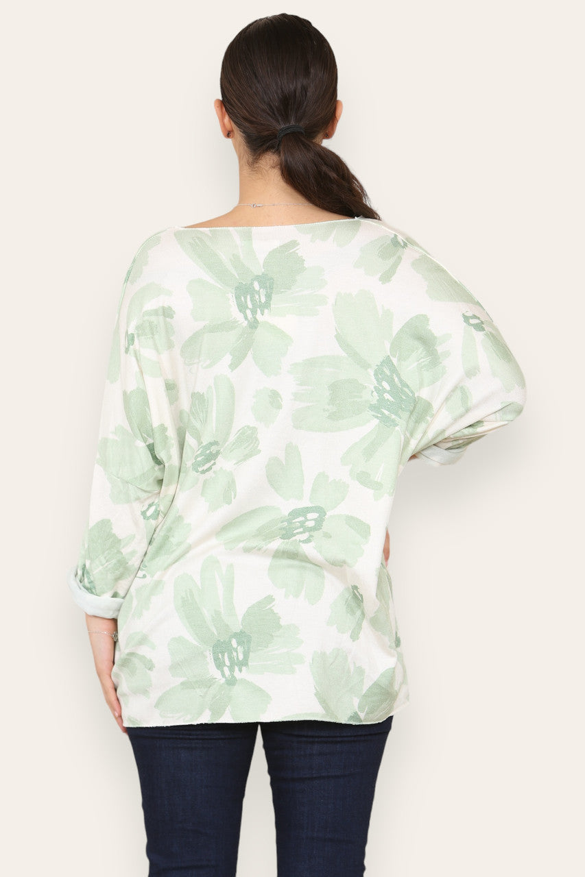 DAISY FADED FLOWER PRINT FINE KNIT TOP GREEN