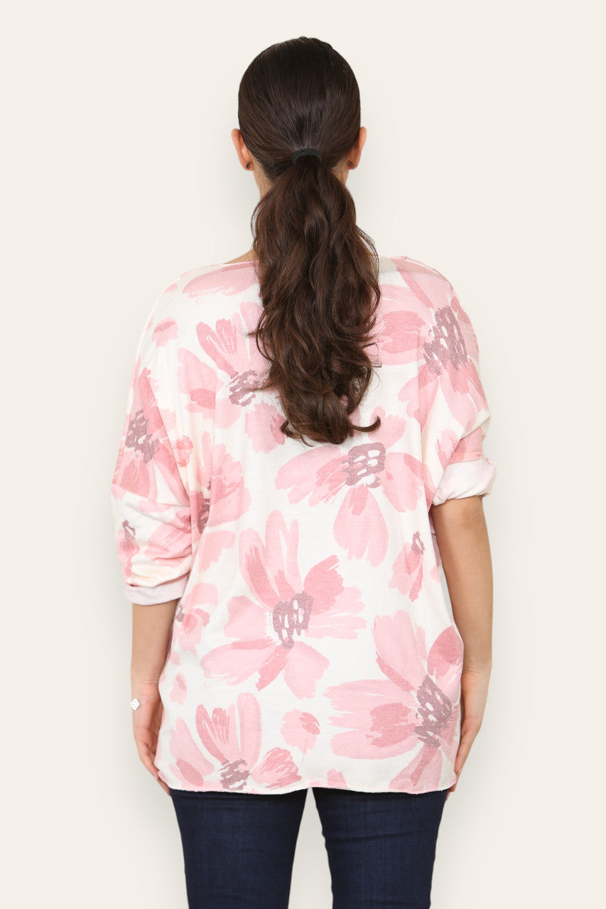 DAISY FADED FLOWER PRINT FINE KNIT TOP PINK