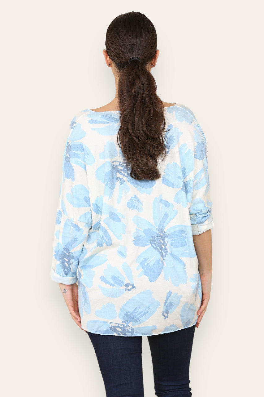 DAISY FADED FLOWER PRINT FINE KNIT TOP SKY BLUE