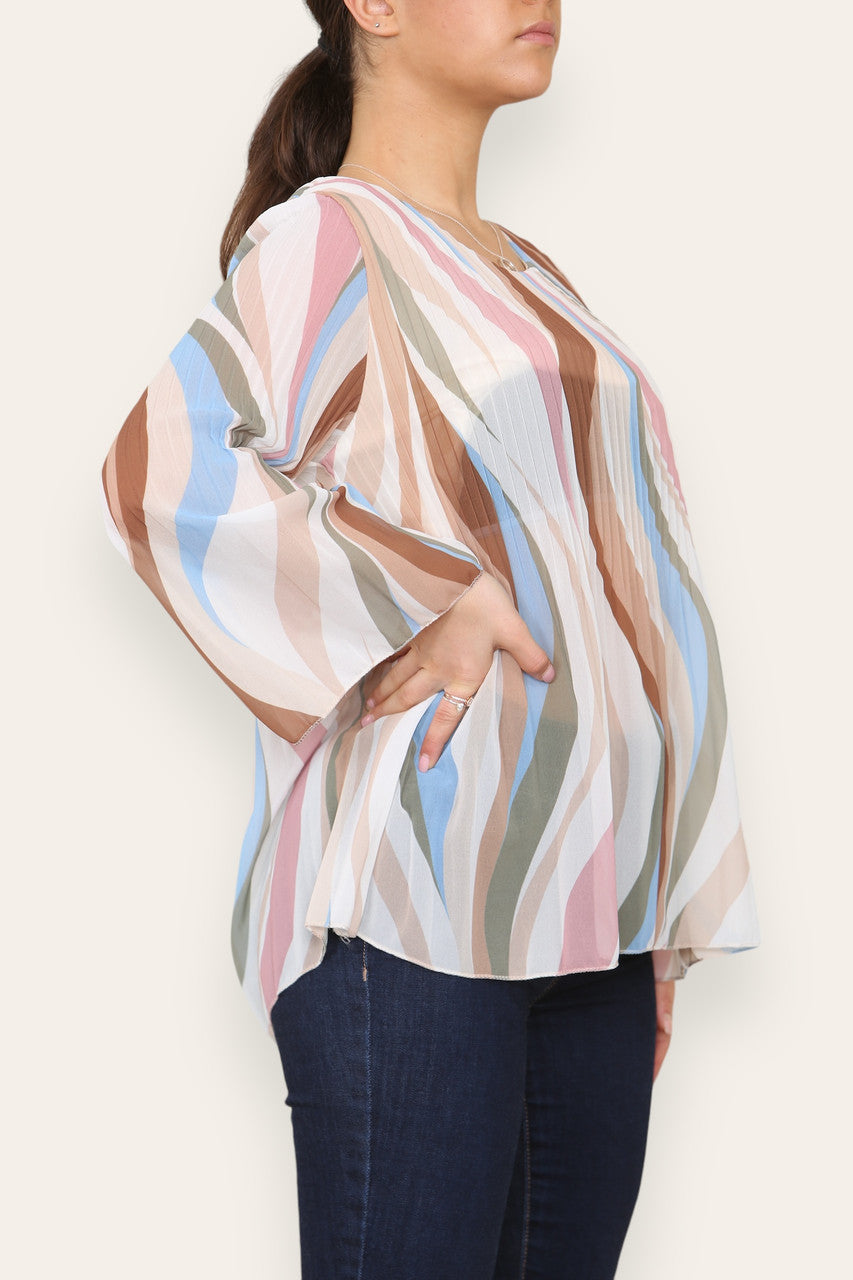 SWIRL LINES PRINT PLEATED BLOUSE TOP STONE