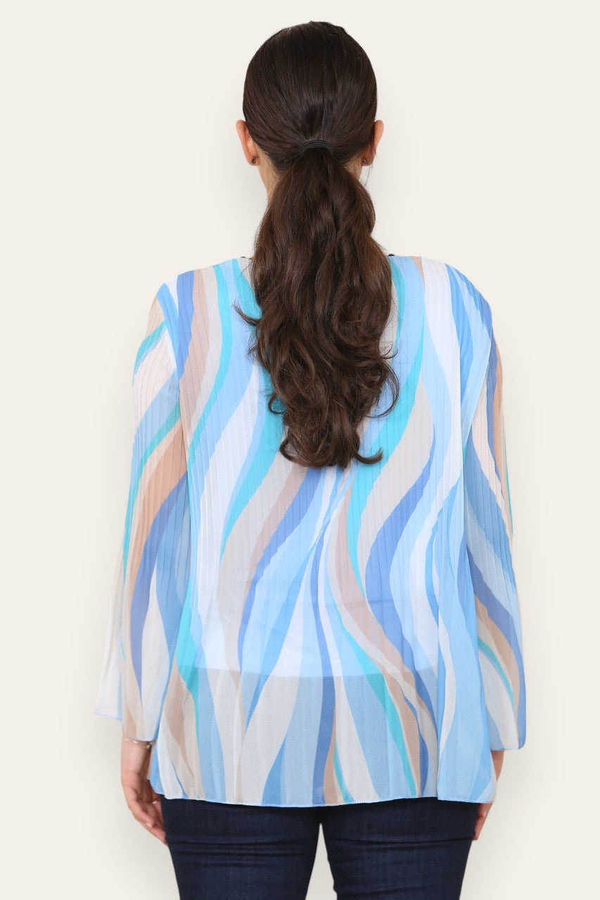 SWIRL LINES PRINT PLEATED BLOUSE TOP LIGHT BLUE