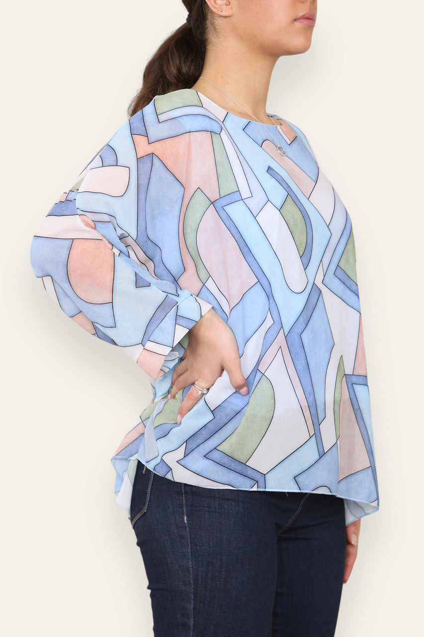 GEOMETRIC SHAPES PRINT BLOUSE TOP LIGHT BLUE