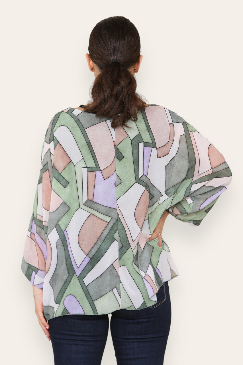 GEOMETRIC SHAPES PRINT BLOUSE TOP KHAKI