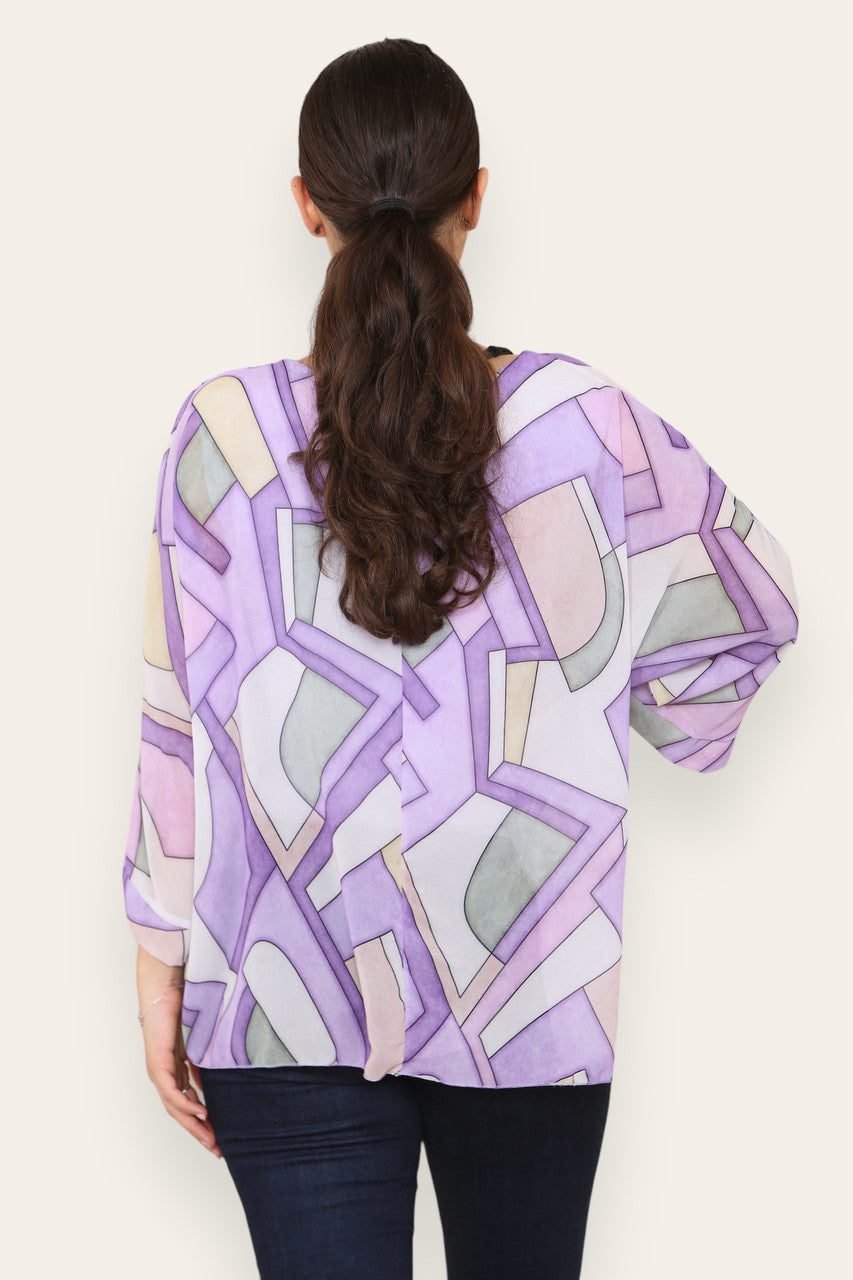 GEOMETRIC SHAPES PRINT BLOUSE TOP LILAC