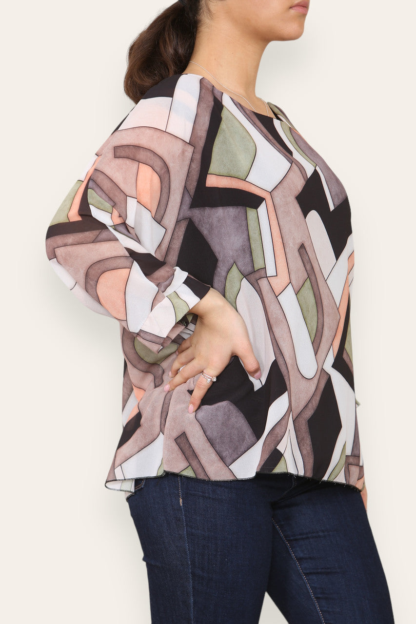 GEOMETRIC SHAPES PRINT BLOUSE TOP BLACK