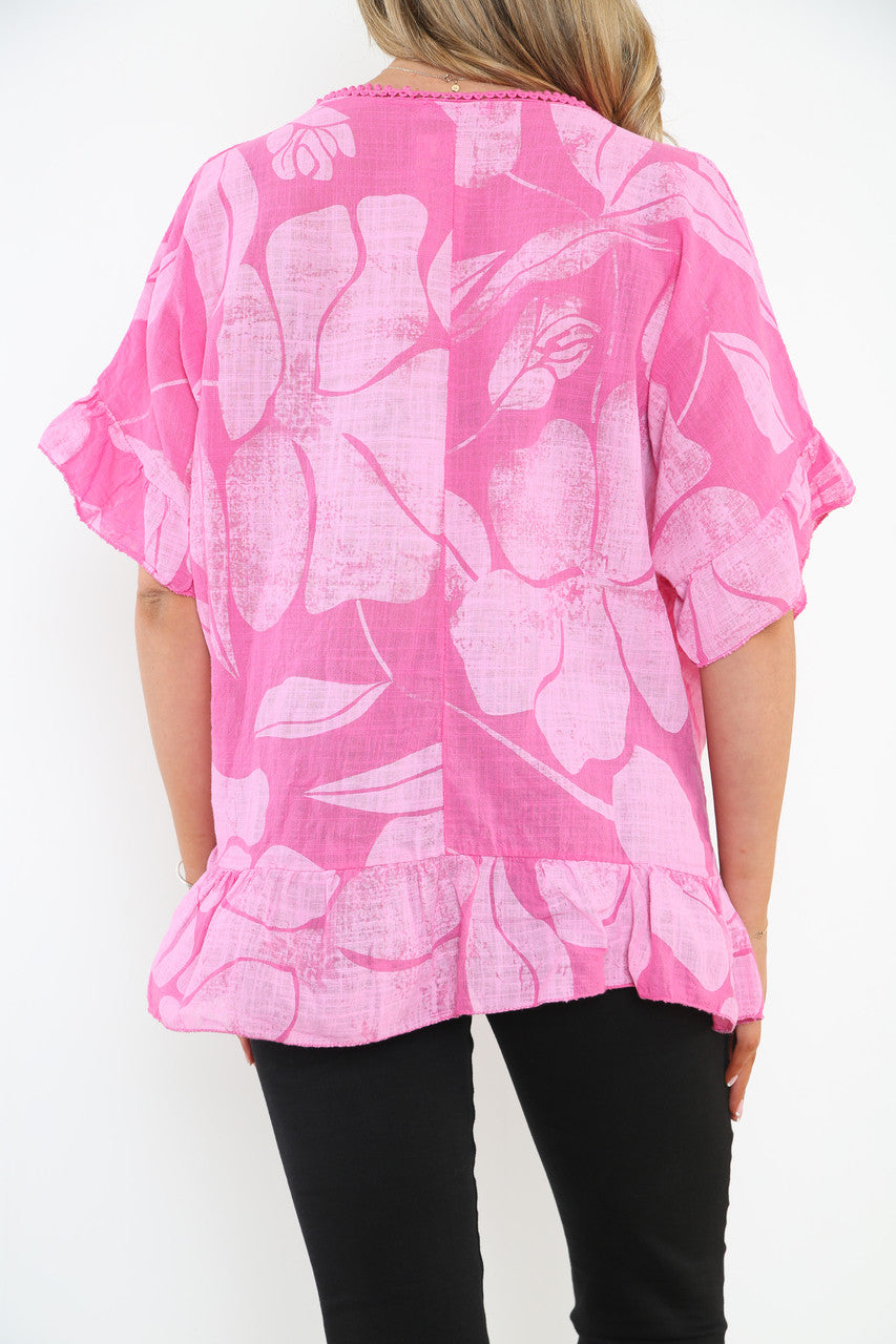 Dames Bloemenprint Top Met Ruches Zoom Cerise