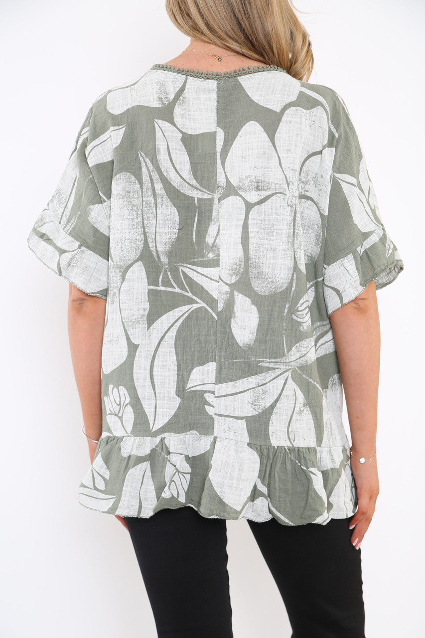 Ladies Floral Print Top With Frill Hem Khaki