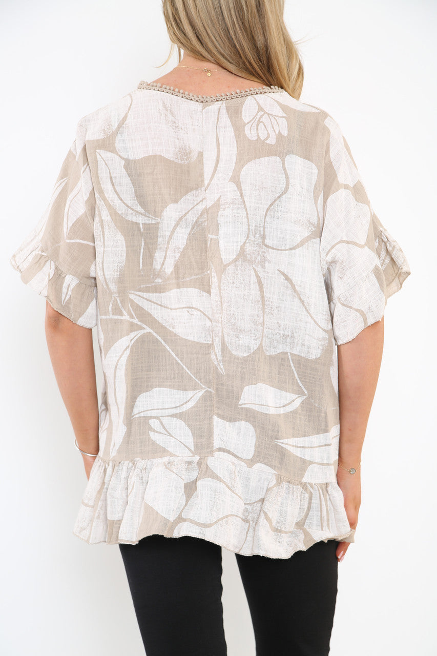 Damesbloes Met Bloemenprint En Rucheszoom Steen