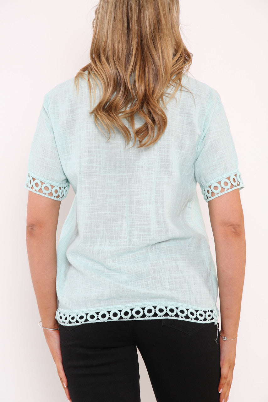 Ladies Crochet Hem Detail Top Light Blue