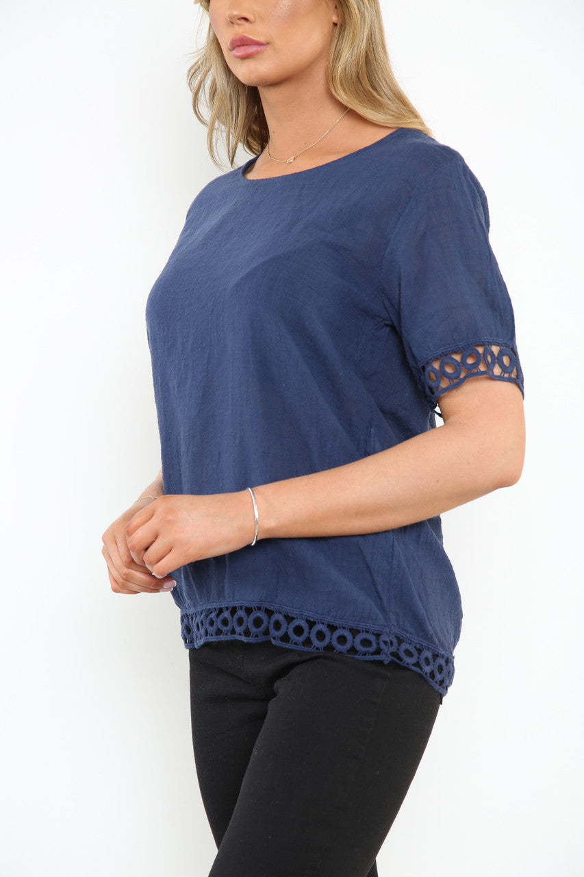 Ladies Crochet Hem Detail Top Navy
