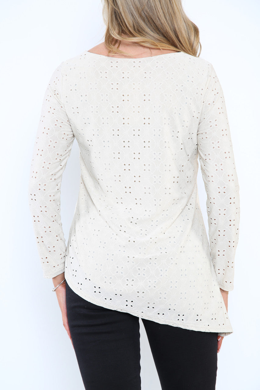 Ladies Diagonal Hemline Broderie Anglaise Top Stone