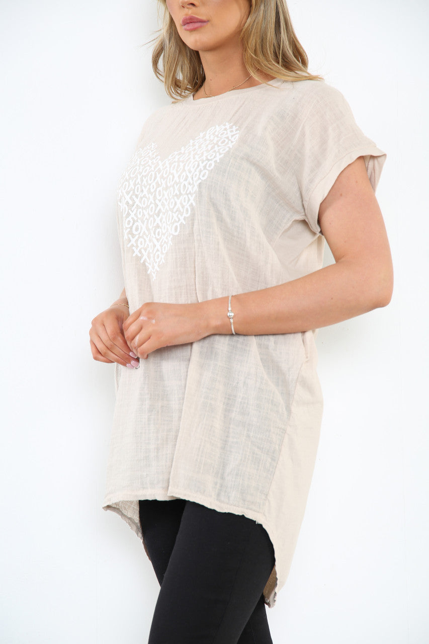 Dames top met hartprint steenkleurig