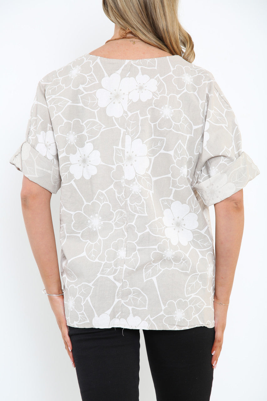 Ladies Floral Outline Print Top Stone