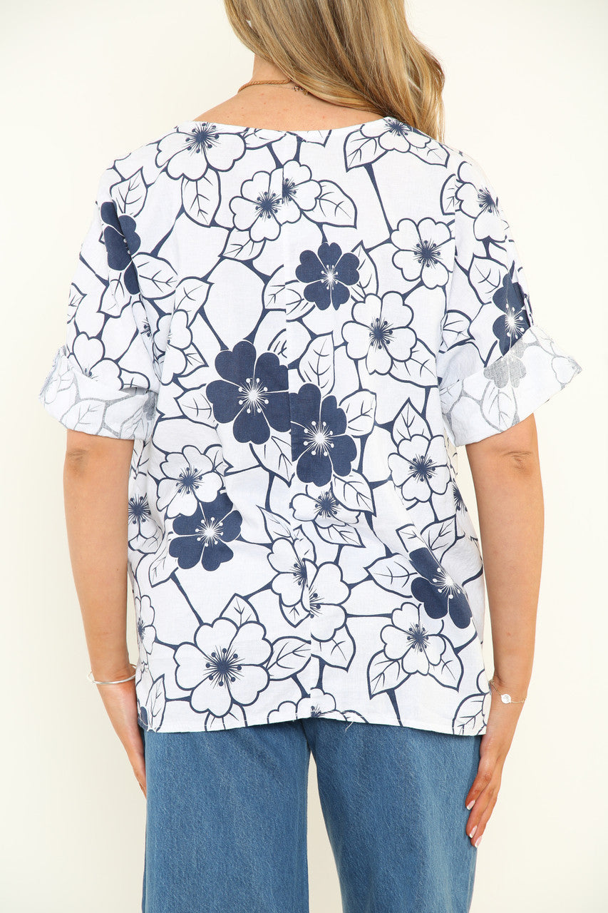 Ladies Floral Outline Print Top White