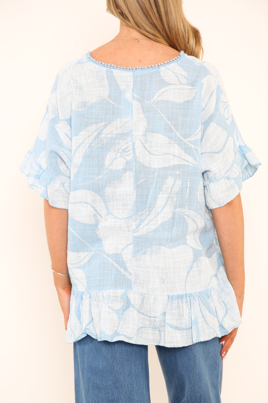 Ladies Floral Print Top With Frill Hem Sky Blue