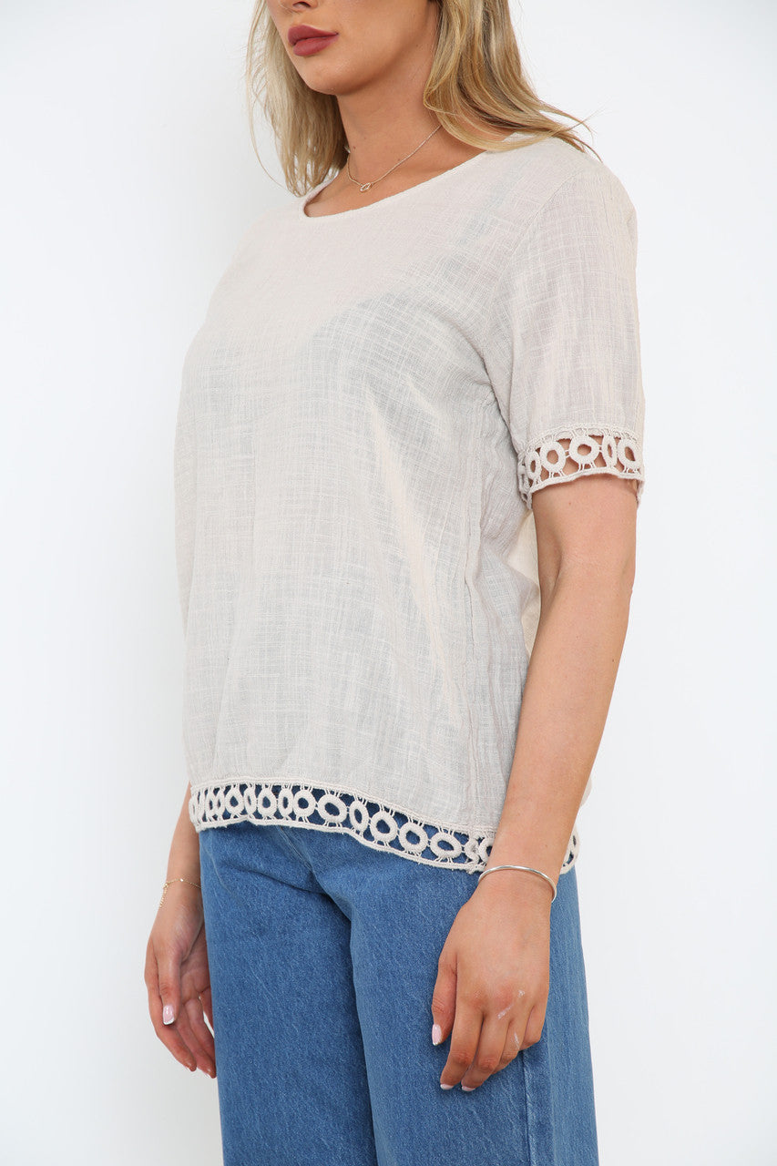 Ladies Crochet Hem Detail Top Stone
